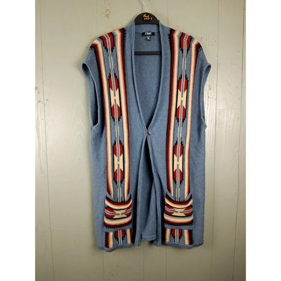Chaps Womens Cardigan Sweater 2X Blue Aztec Western Long Loose - Picture 3 of 8